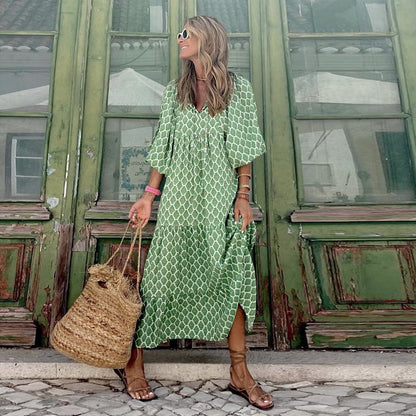 🌸Elegant Puff Sleeve Floral Boho Maxi Dress